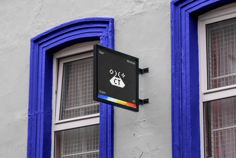 Bracket sign on blue door frame with color bar test pattern mockup